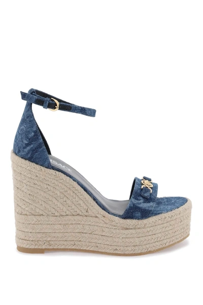 Versace Barocco Denim Wedge Sandals In Blue