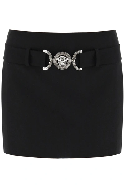 Versace Belted Grain De Poudre Wool Mini Skirt In Black