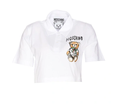 Moschino Logo Printed Cropped Polo Shirt In White