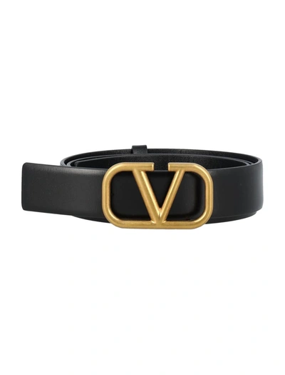 Valentino Garavani Black Vlogo Signature Leather Belt In Multicolor