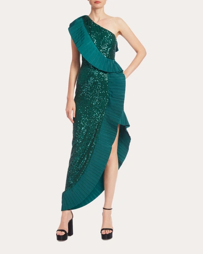 One33 Social One-shoulder Sequin Ruffle High-low Gown In Green