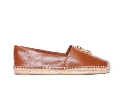 Tory Burch Eleanor Double T-plaque Leather Espadrilles In Brown