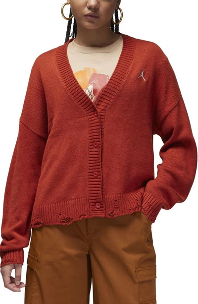 Jordan Women's  Distressed Cardigan In Dune Red/sail