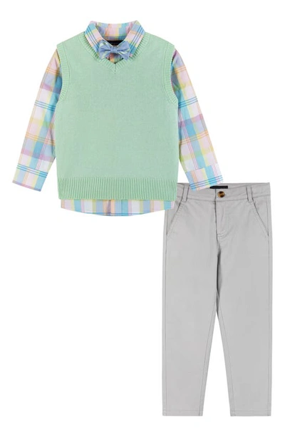 Andy & Evan Kids' Jumper Waistcoat, Button-up Shirt, Chinos & Bow Tie Set In Light Green Plaid