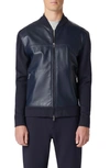 Bugatchi Leather Front Zip-up Cotton & Cashmere Cardigan In Navy