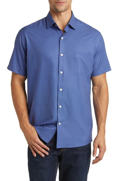 Peter Millar Bloques Print Performance Poplin Short Sleeve Button-up Shirt In Atlantic Blue