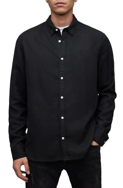 Allsaints Laguna Linen Blend Relaxed Fit Shirt In Washed Black
