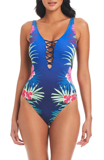Bleu By Rod Beattie Faux Lace-up One-piece Swimsuit In Blue Floral Multi