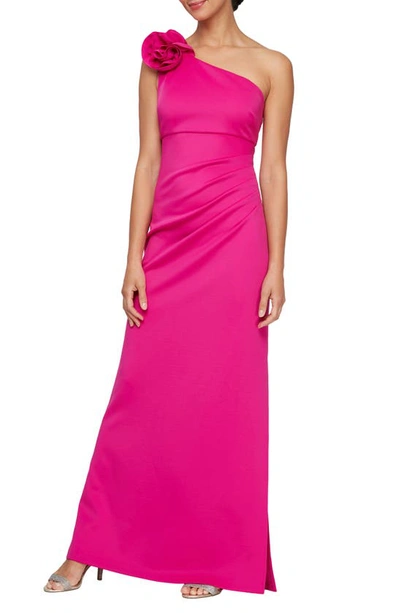 Sl Fashions Floral Detail One-shoulder Gown In Fuchsia