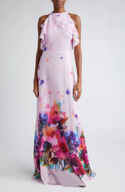Lela Rose Watercolor Floral Print Ruffle Cotton Voile Gown In Pink