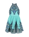 ZIMMERMANN MONCUR RUFFLE-NECK PRINTED MINI DRESS IN TURQUOISE POLYESTER