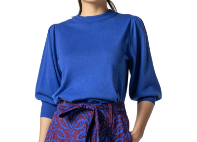 Lilla P Rib Trim Puff Sleeve Linen-blend Sweater In Blue