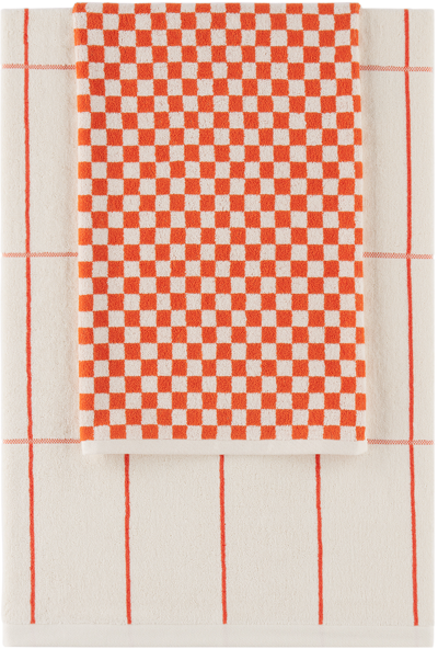 Baina Orange & White Solitary 09 Towel Set In Paloma