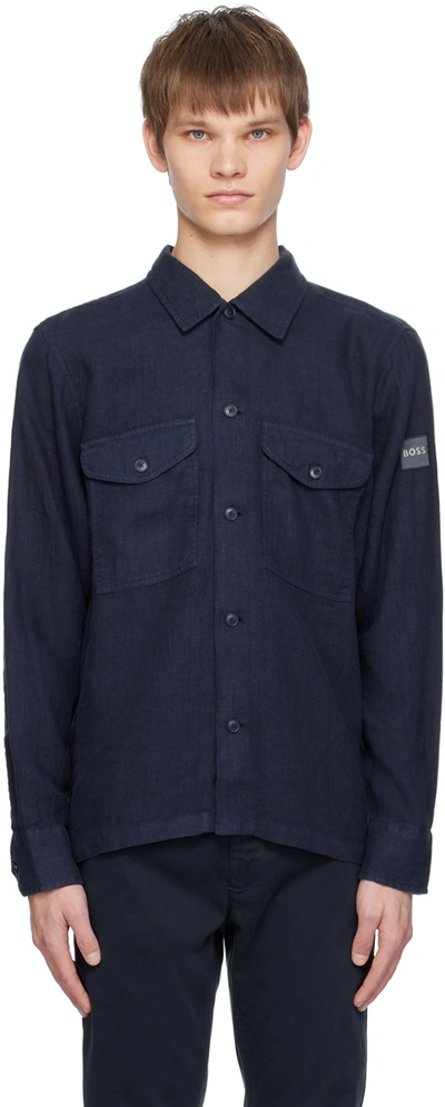 Hugo Boss Navy Spread Collar Shirt In 404-dark Blue