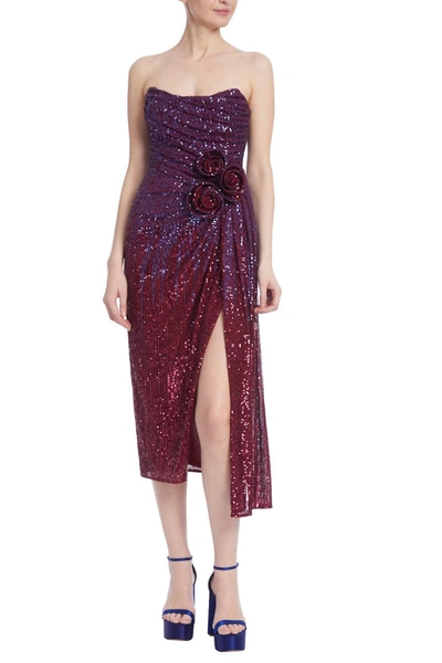 Badgley Mischka Strapless Draped Ombre Sequin Midi Dress In Red