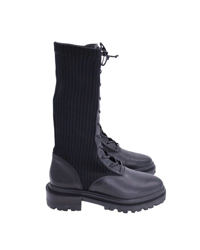 Porte & Paire Ribbed-knit Lace-up High Combat Boots In Black Leather