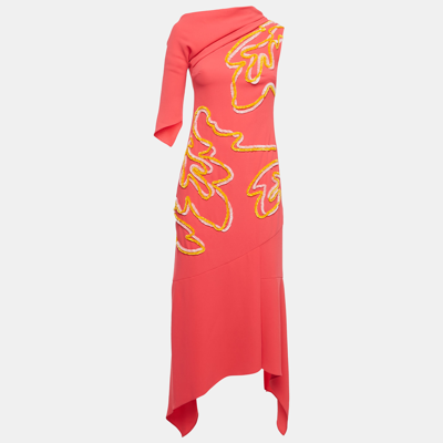 Pre-owned Peter Pilotto Red Contrast Trim Crepe Off-shoulder Chenille Cady Gown S