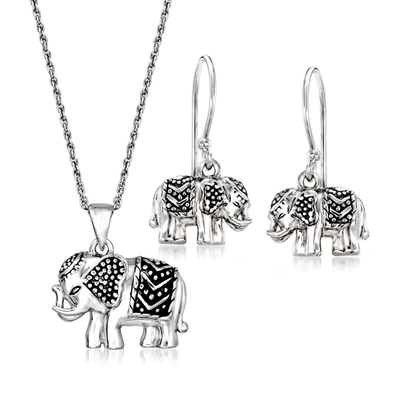 Ross-simons Sterling Silver Elephant Jewelry Set: Drop Earrings And Pendant Necklace In Black