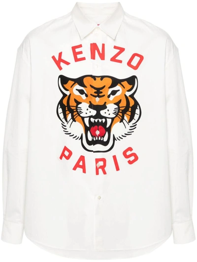 Kenzo Luck Tiger Cotton Button-up Shirt In White