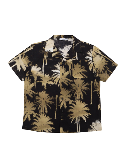 Msgm Kids' Black Bowling Shirt With Palm Print