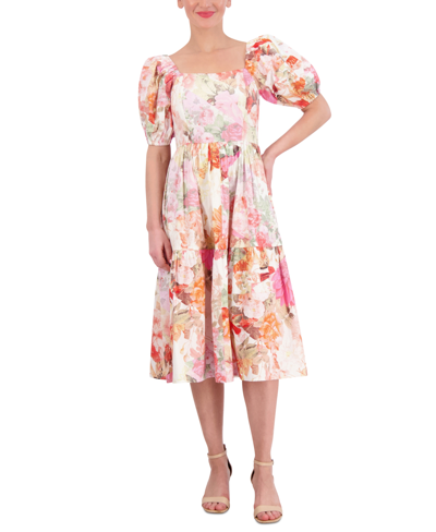 Vince Camuto Petite Floral-print Puff-sleeve Midi Dress In Pink
