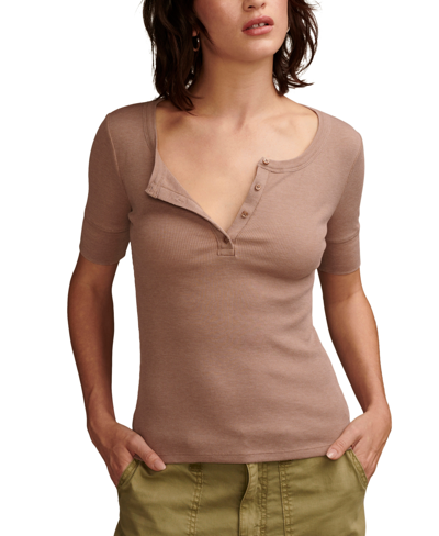 Lucky Brand Women's Ribbed Scoop-neck Henley T-shirt In Raw Umber