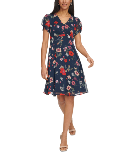 Calvin Klein Women's Printed Chiffon Tulip-sleeve Dress In Indigo Multi