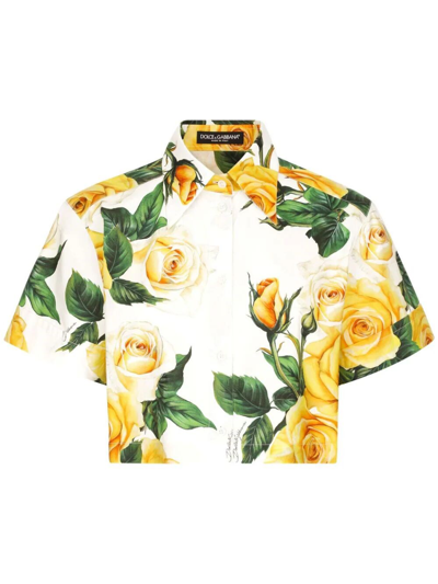 Dolce & Gabbana Camicia Crop Stampa Rose In Yellow