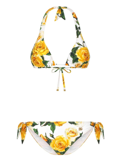 Dolce & Gabbana Flowering Triangle Two-piece Bikini Set In White