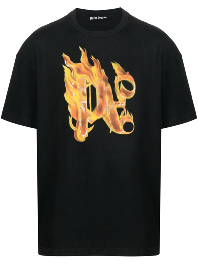 Palm Angels Burning Monogram Cotton T-shirt In Black