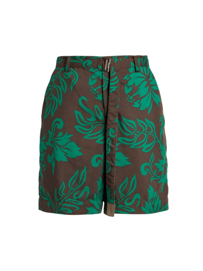 Sacai Men's Belted Floral Shorts In Green