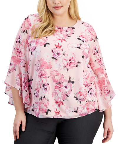Kasper Plus Size Floral-print 3/4-sleeve Blouse In Tutu Pink Multi