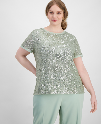 Anne Klein Plus Size Sequin-embellished Short-sleeve Top In Jade Stone