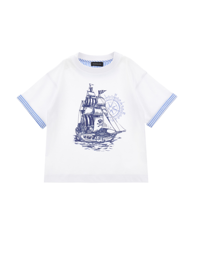 Monnalisa Kids'   Jersey T-shirt With Pirate Print In White + Blue