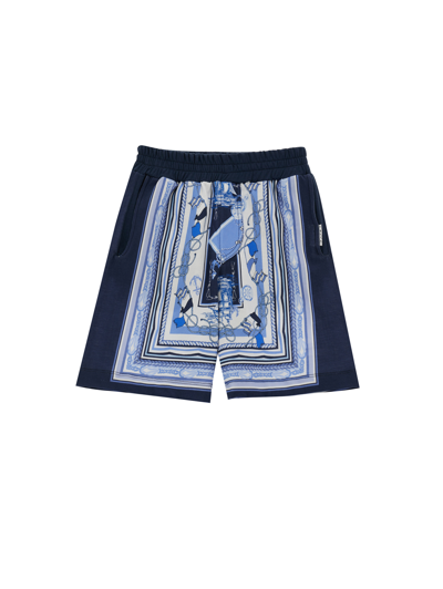 Monnalisa Kids'   Scarf Pattern Jersey Bermuda Shorts In White + Blue
