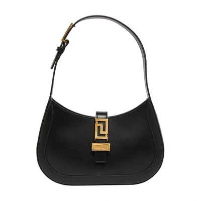 Versace Greca Small Leather Hobo Bag In Black__gold