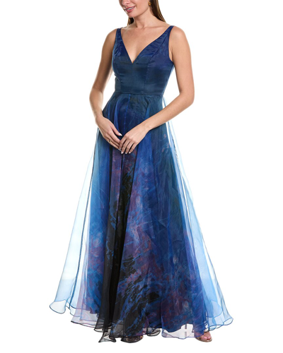 Rene Ruiz V-neck A-line Gown In Blue