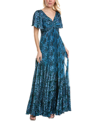 Theia Mabella Pleated Floral-print Twist-front Gown In Blue