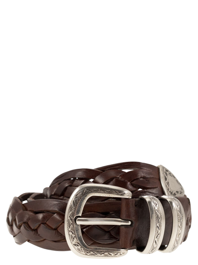 Brunello Cucinelli Braided Calfskin Belt With Detailed Buckle And Tip In Tobacco