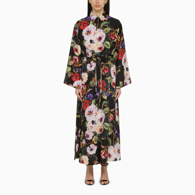 Dolce & Gabbana Floral Print Silk Shirt Dress In Black