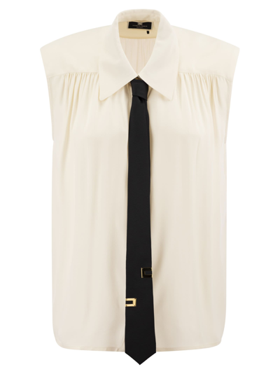 Elisabetta Franchi Viscose Georgette Flared Shirt With Lettering Tie In Butter