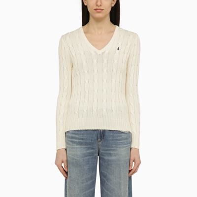POLO RALPH LAUREN POLO RALPH LAUREN CREAM COLOURED COTTON CABLE KNIT SWEATER WITH LOGO