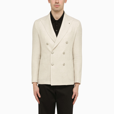 Tagliatore Cream Double Breasted Jacket In Wool And Linen In White
