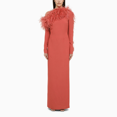 Taller Marmo Peony Coloured Long Dress With Feathers In Pink