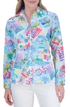 Foxcroft Meghan Long Sleeve Shirt In Travel Conversational In Blue Multi