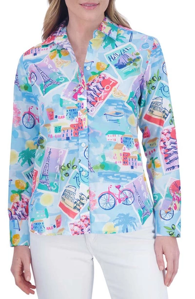 FOXCROFT FOXCROFT MEGHAN TRAVEL PRINT COTTON BUTTON-UP SHIRT