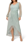 Adrianna Papell Metallic Ruffle Mesh Long Sleeve Gown In Mint Smoke