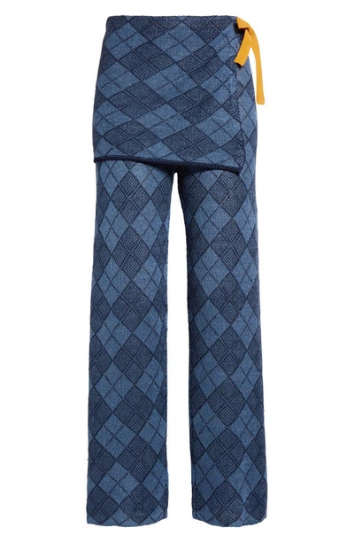 Yanyan Easy Beach Argyle Linen Knit Trousers With Apron In Indigo