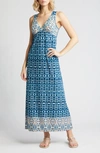 Loveappella Border Print Sleeveless Jersey Maxi Dress In Teal