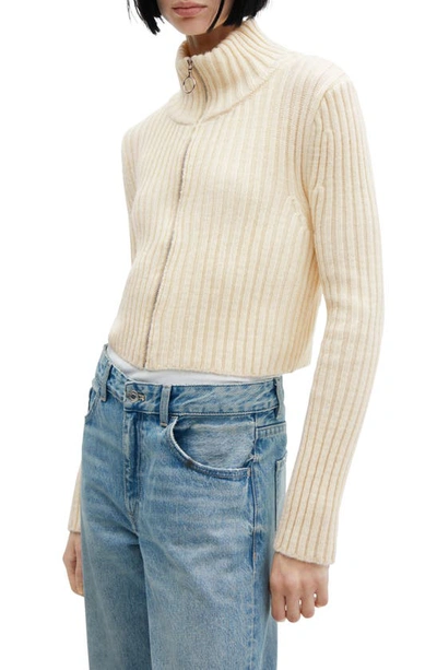 Mango Front Zip Crop Cardigan In Ecru